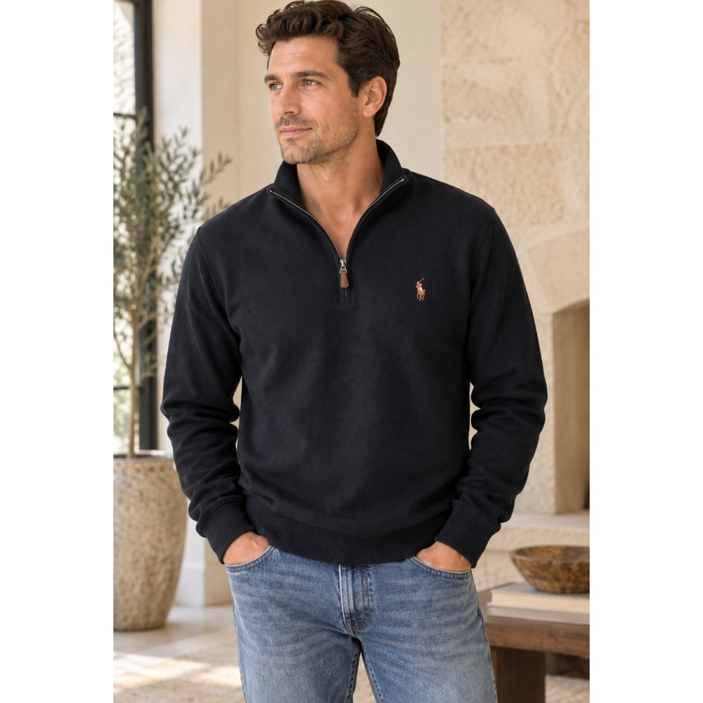 Polo Ralph Lauren Estate Rib Quarter Zip Pony Pullover Black Cotton Mens 2XL/2XB